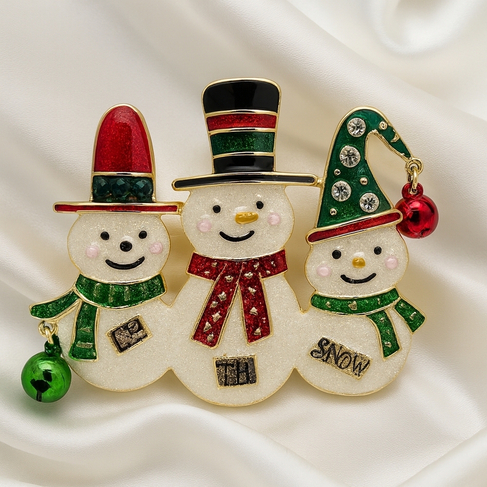 Festive Snowman Trio Holiday Brooch – Glitter Scarf & Gold Jingle Bell Charms